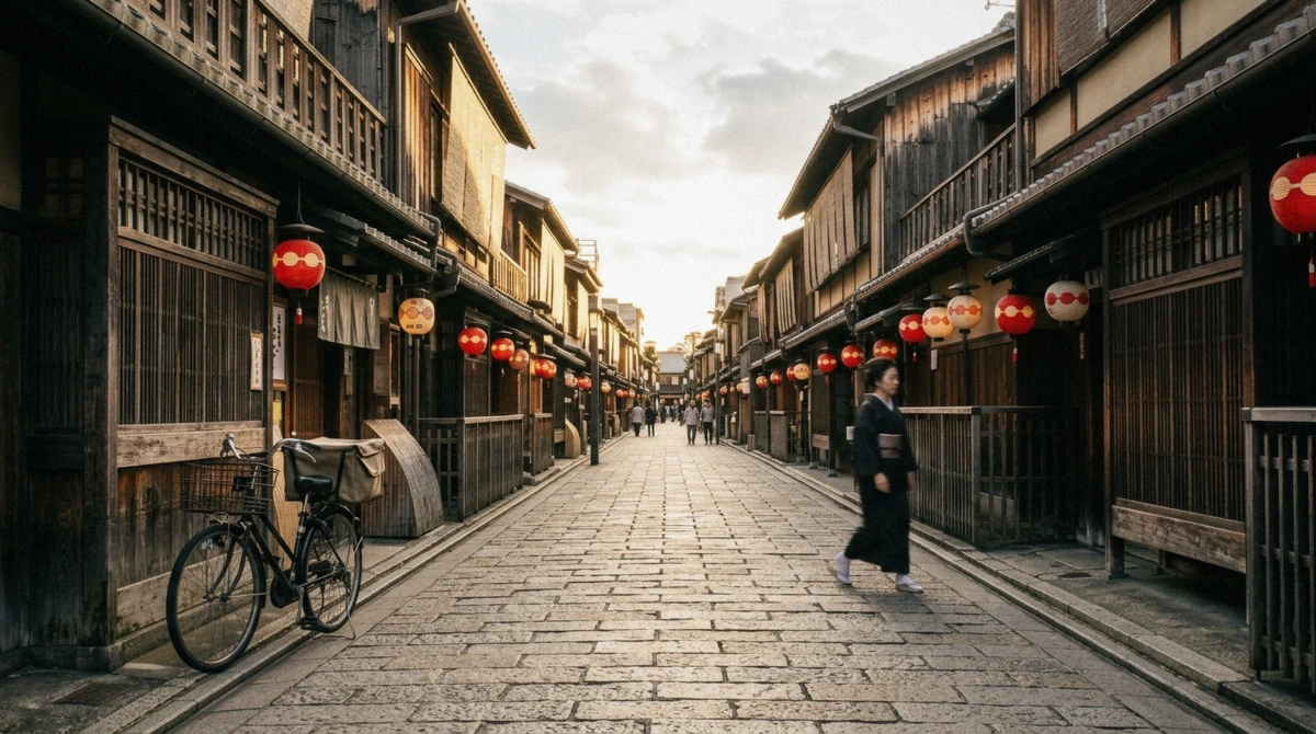 Lantern-lit wooden facades along Hanamikoji street in Gion, a public street where photography is allowed near a Kyoto geisha show venue