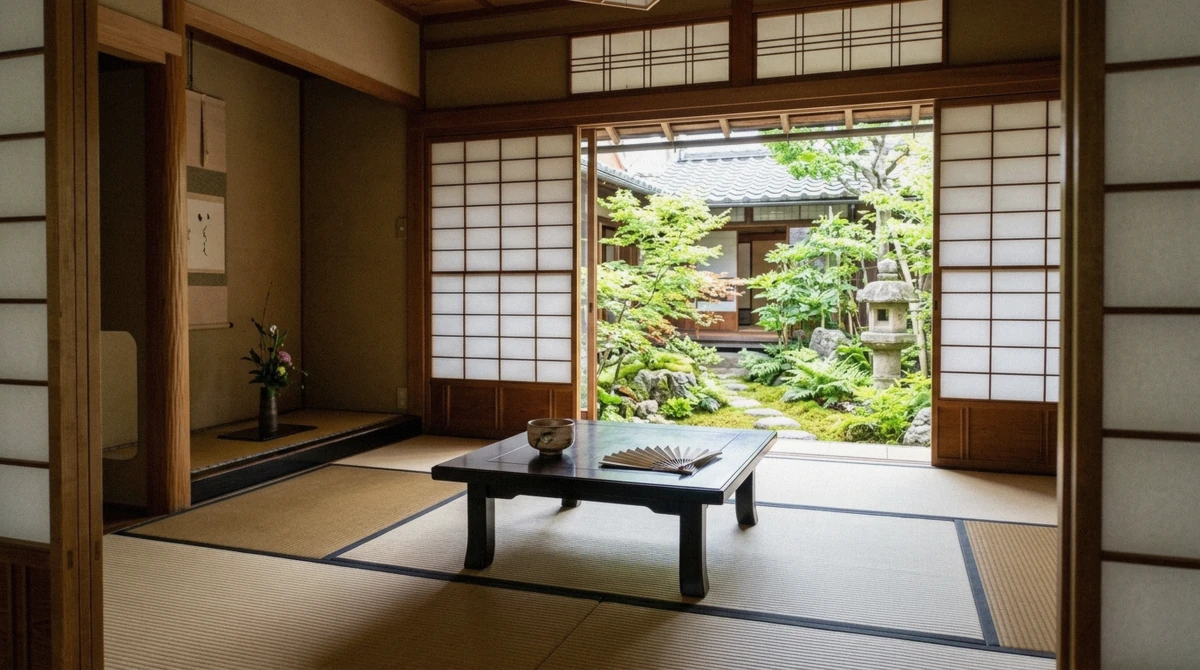 Tatami room inside a Kyoto teahouse set for a geisha show, the kind of room where maiko and geiko host guests