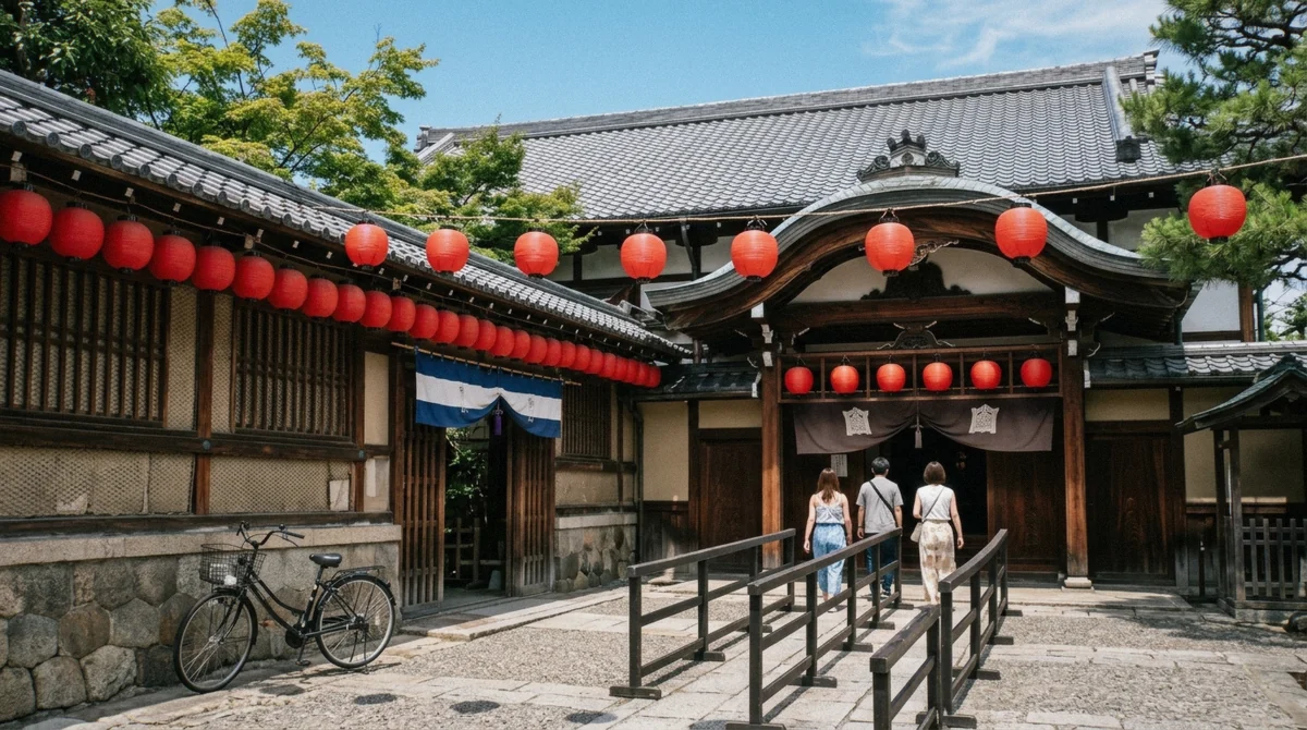 A visitor walking alone along a public Gion street at dusk, illustrating how to see a geisha in Kyoto without a tour
